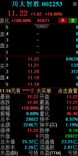 川大智胜竞价涨停 预计2024年半年度亏损2300万至1700万